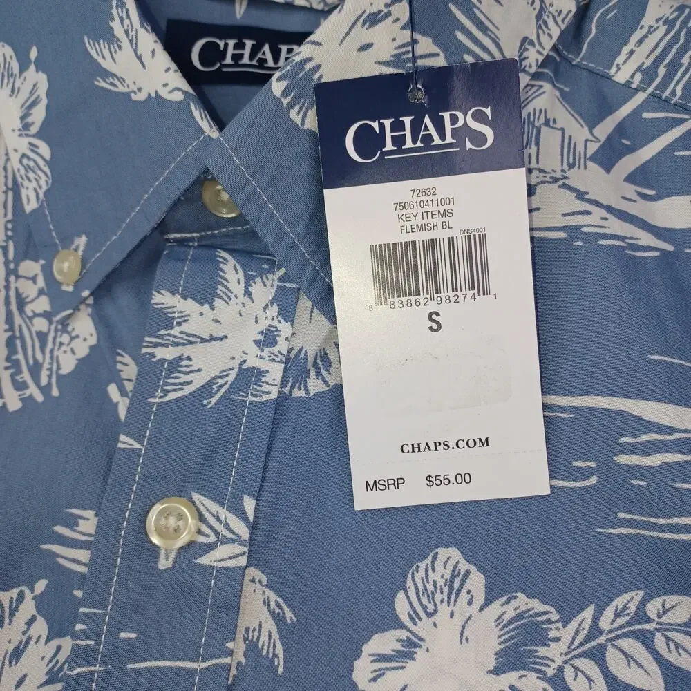 CHAPS Button Down Hawaiin Shirt Mens S Blue White Tropical Short Sleeve Beach